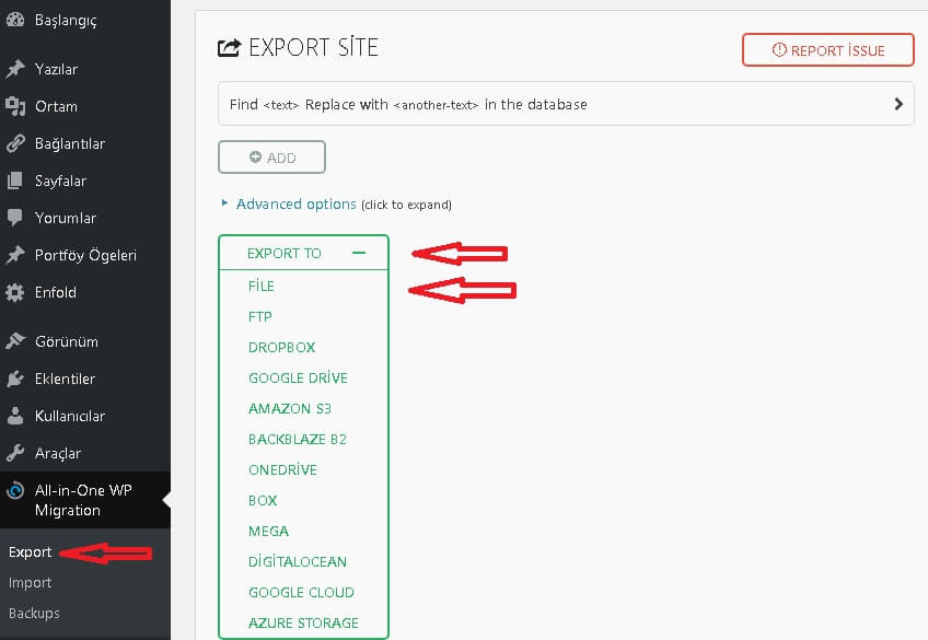 All-in-One WP Migration export